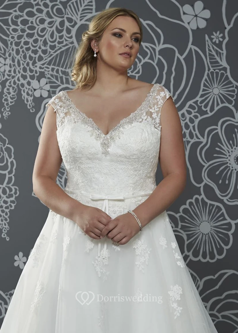 A-Line Floor-Length V-Neck Cap Tulle Court Train Low-V Back Beading Dress view 3