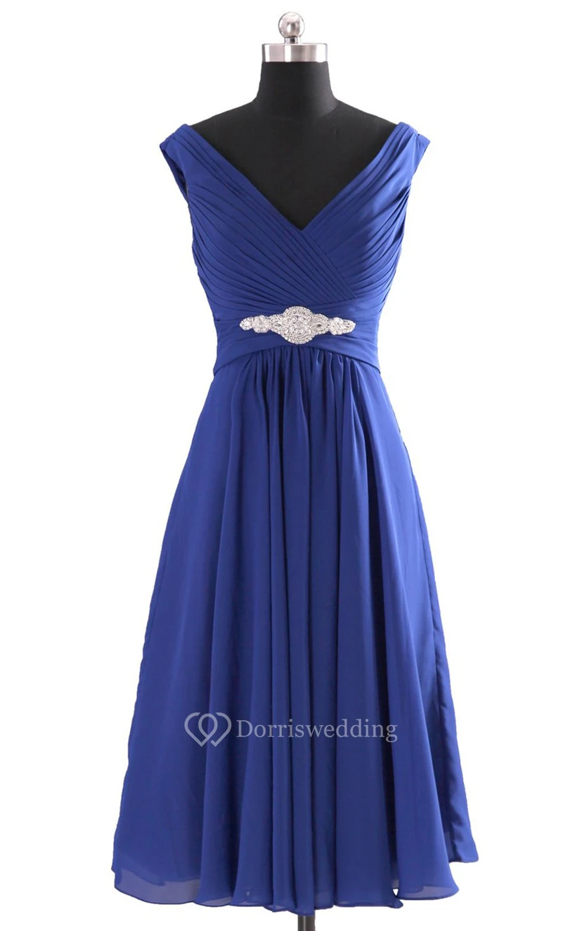 V-neckline Pleated Basque Waist Dress With Crystal view 9