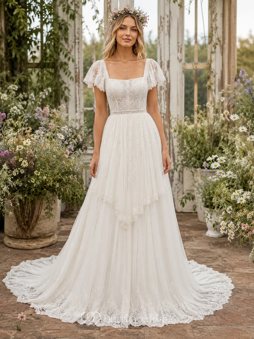 Modest Boho Wedding Dress with Square Neckline, Flutter Sleeves & Layered Lace A-Line Skirt