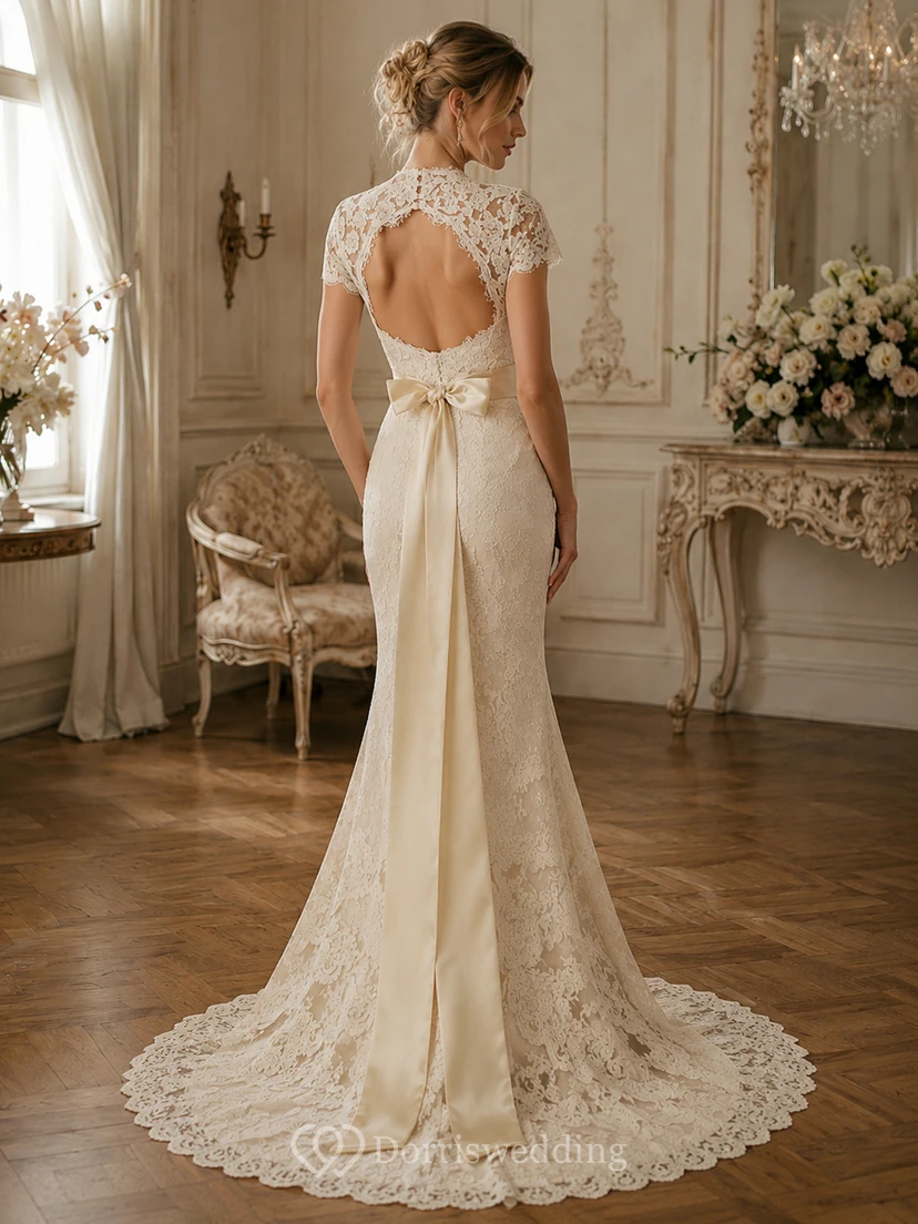 Robe de mariée sirène vintage en dentelle, décolleté en V, dos nu en forme de goutte, avec ceinture et fleur. view 2