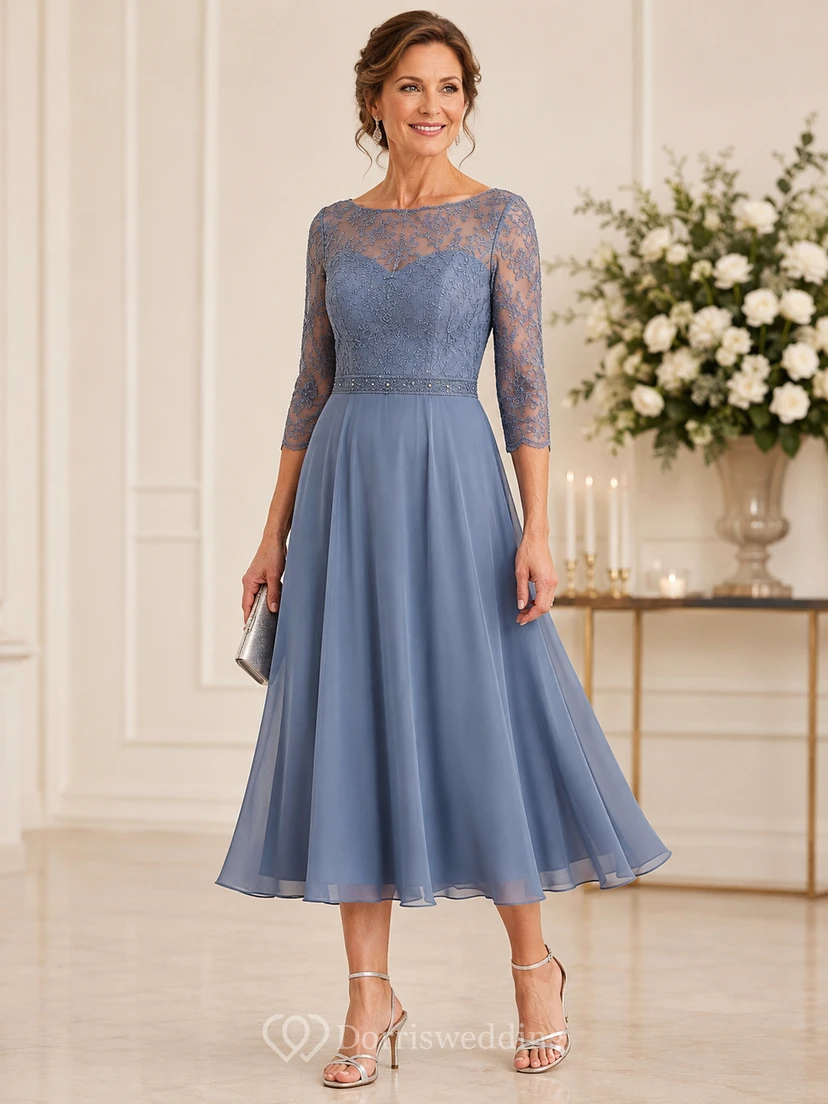 Steel Blue Tea Length Lace Mother Dress Steel Blue Bateau Jewel A-Line Tea-length