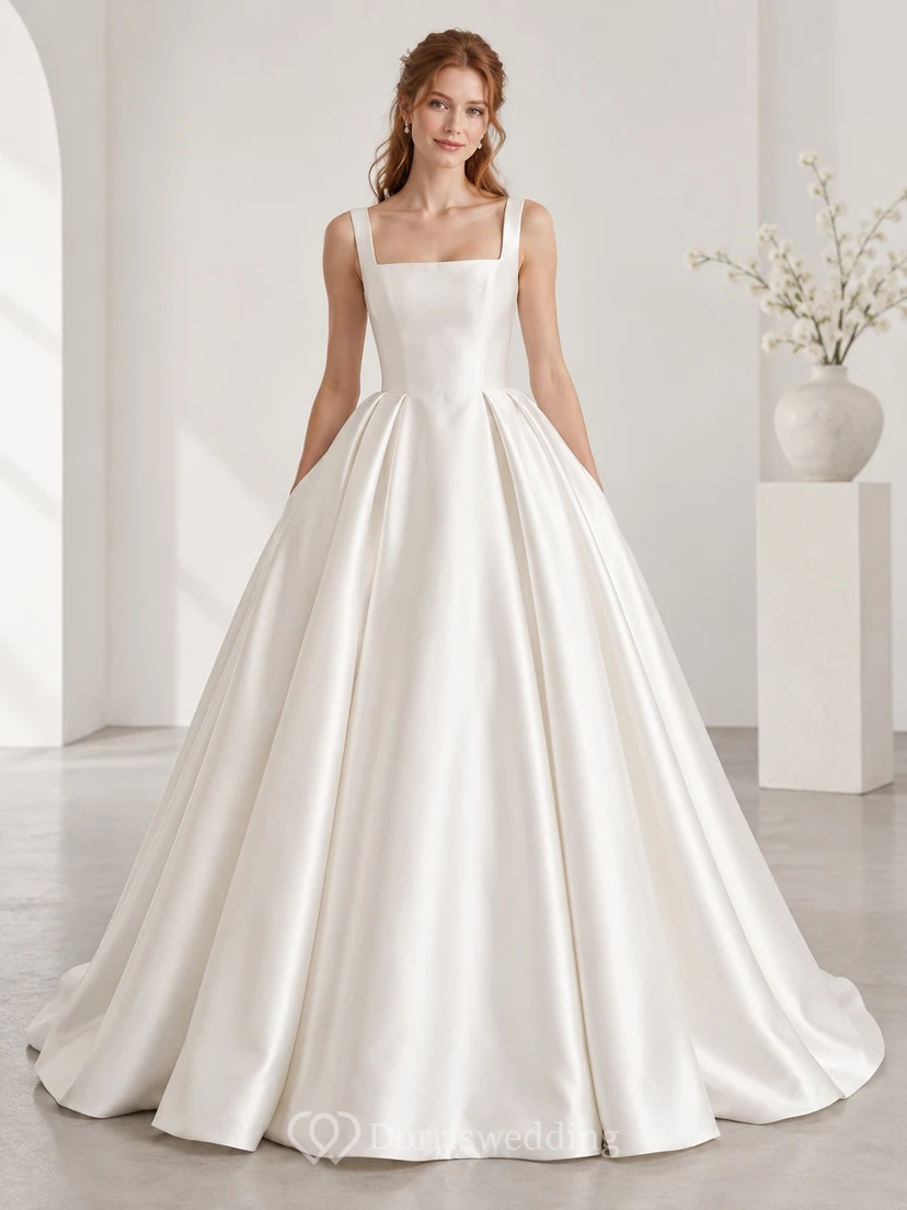 Simple Square Neck Satin Sleeveless Pleated Ball Gown Wedding Dress