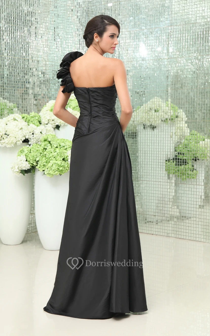 One-Shoulder Taffeta A-Line Gown Floral Shoulder Detail view 6