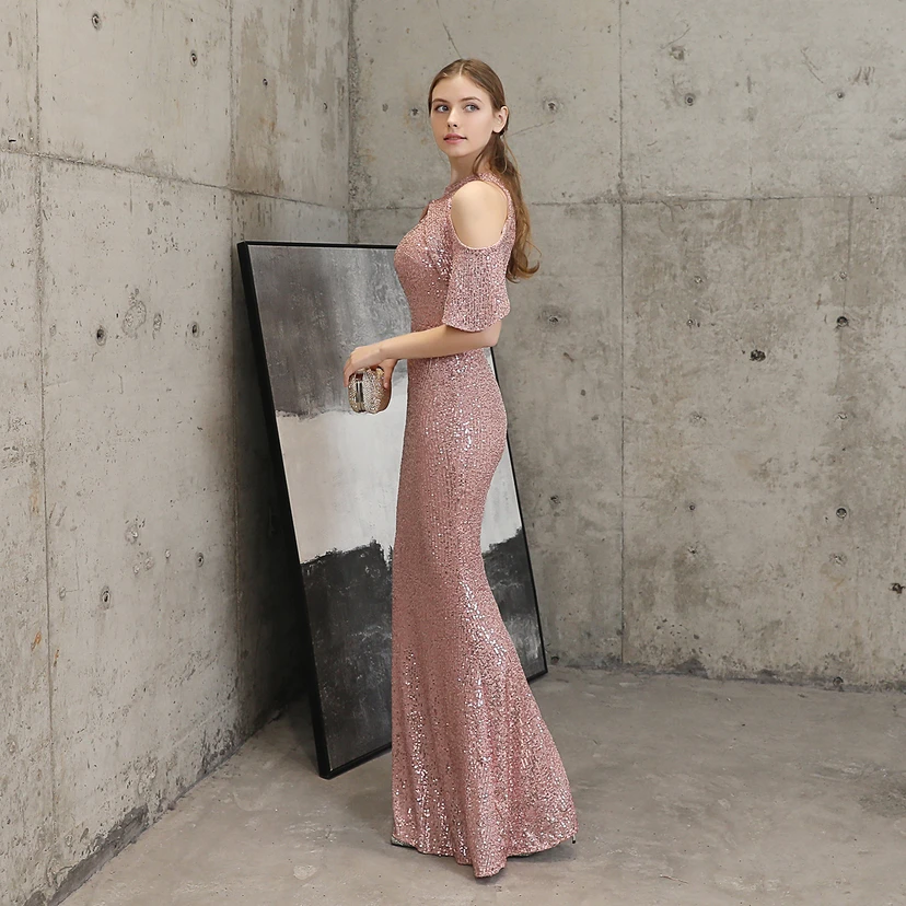 Banquet Temperament Elegant Long Short-Sleeved Sequin Aura Queen Fishtail Evening Dress view 16