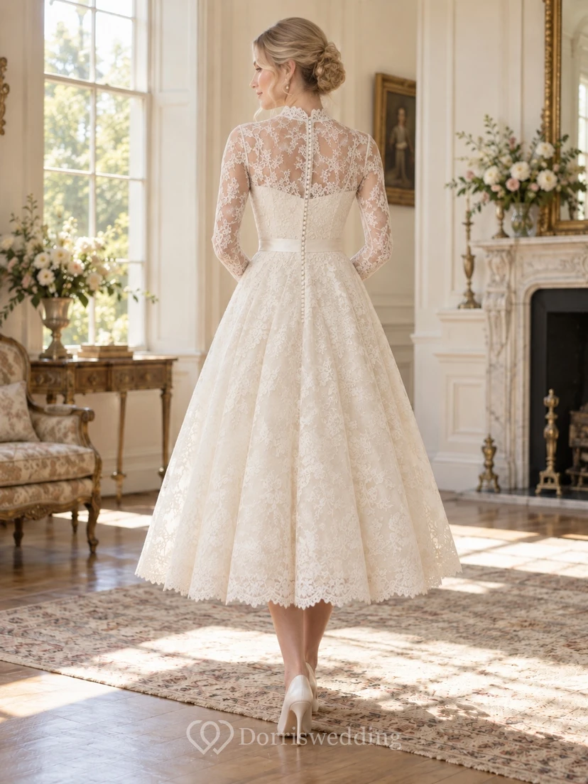 Robe de mariée vintage modeste, longueur thé, col montant, manches longues, dentelle florale view 2