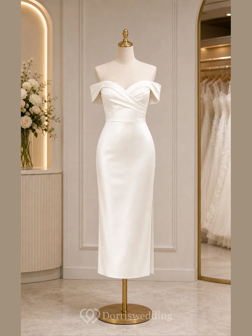 Robe de mariée midi en satin ivoire à épaules dénudées, longueur thé view 7