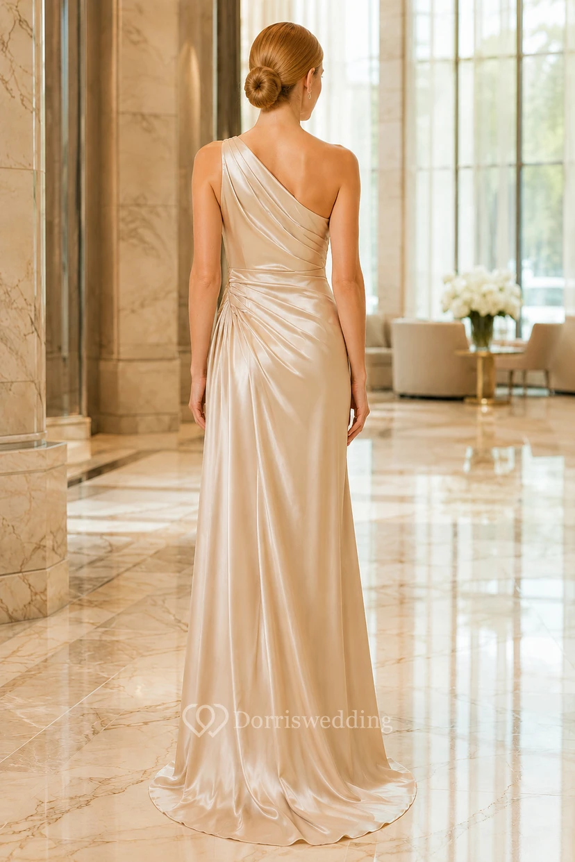 Champagne One-Shoulder Satin Sheath Evening Dress with Side Drape and Sweep Train view 2