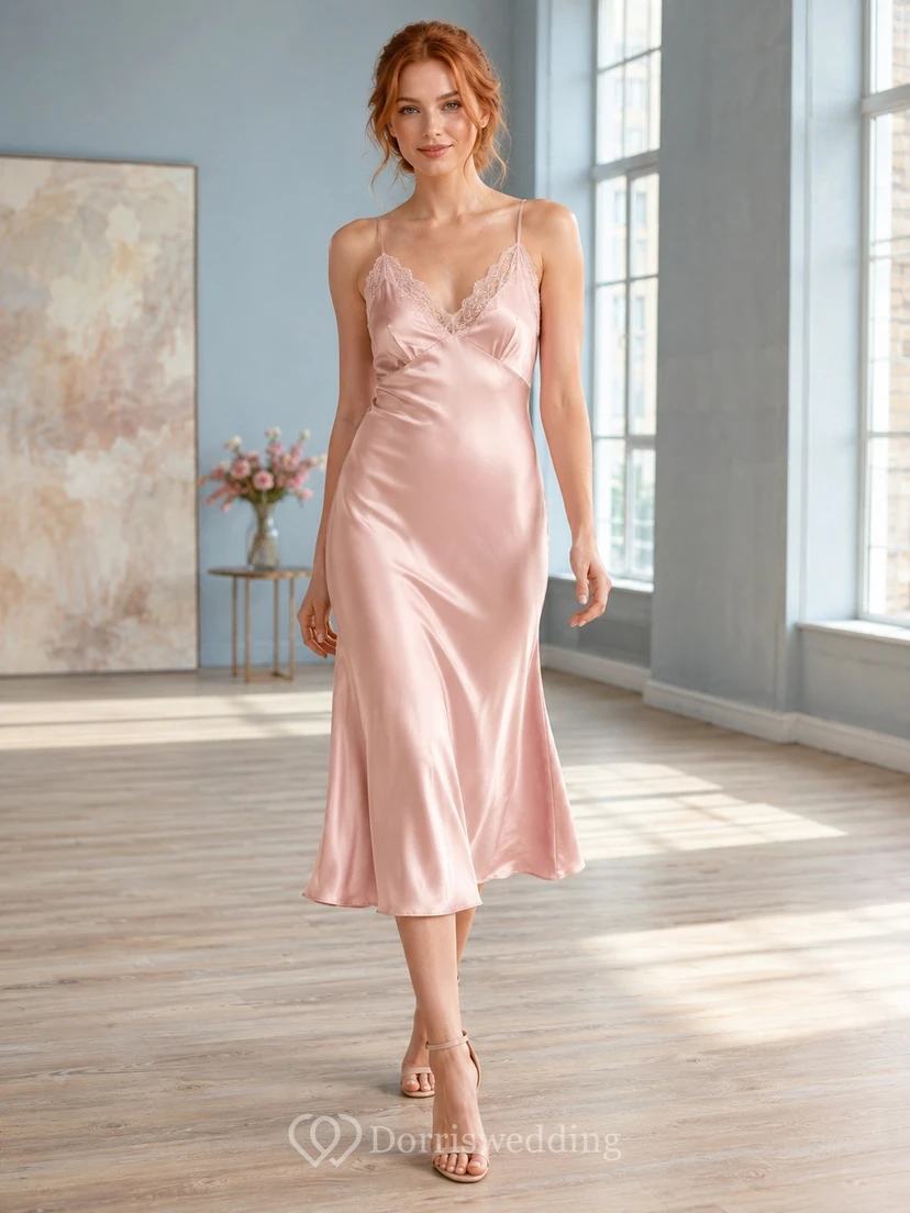 Robe nuisette rose poudré en satin et dentelle, col en V, fines bretelles, longueur midi