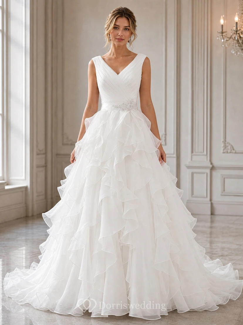 A-Linien-Brautkleid aus Organza mit kurzen Ärmeln, langem V-Ausschnitt, Raffungen, Rüschen und Stufen