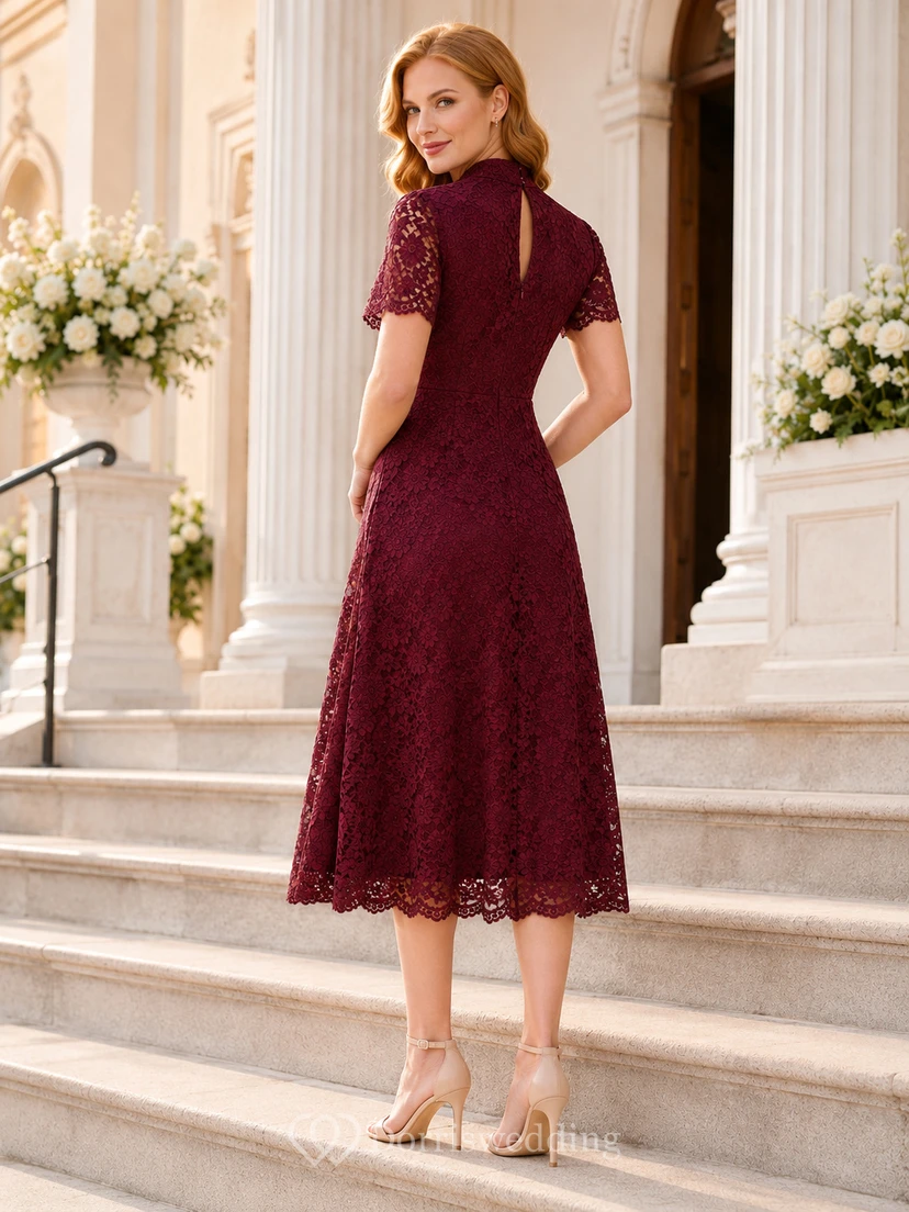 Burgundy High Neck Cap Lace Sleeve Keyhole A-Line Midi Guest Dress view 2