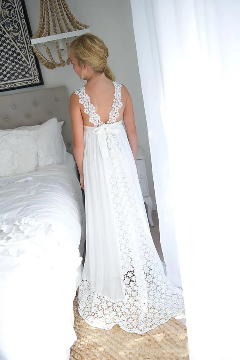 Floor-Length V-neck Boho Ethereal  Sleeveless Empire Petite Dress For Flowergirl view 4