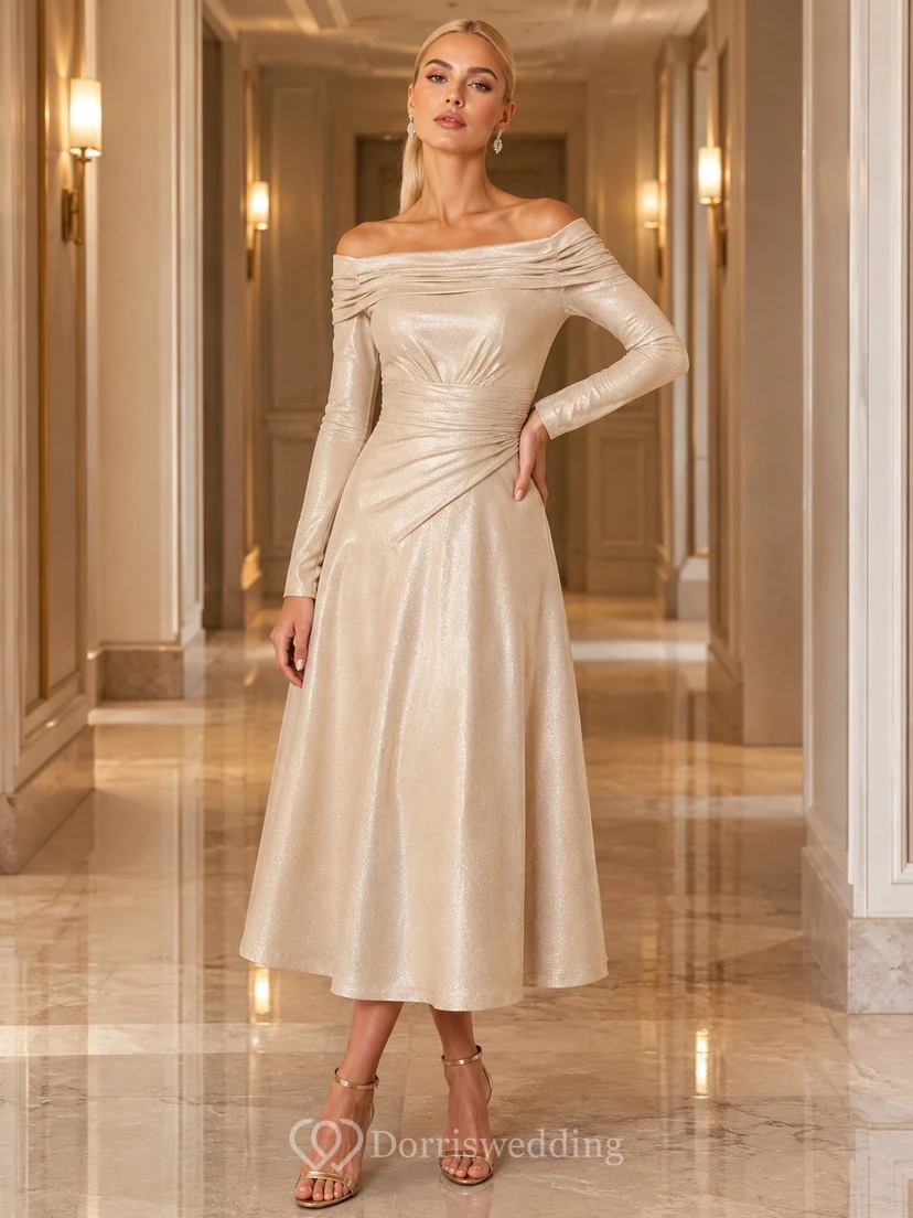 Champagne Off-the-shoulder Long Sleeve Satin Midi Evening Dress