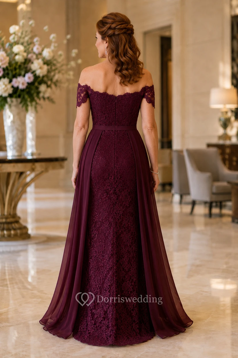 Burgunderfarbenes schulterfreies Meerjungfrauen-Kleid aus Spitze mit Tüllüberrock view 2