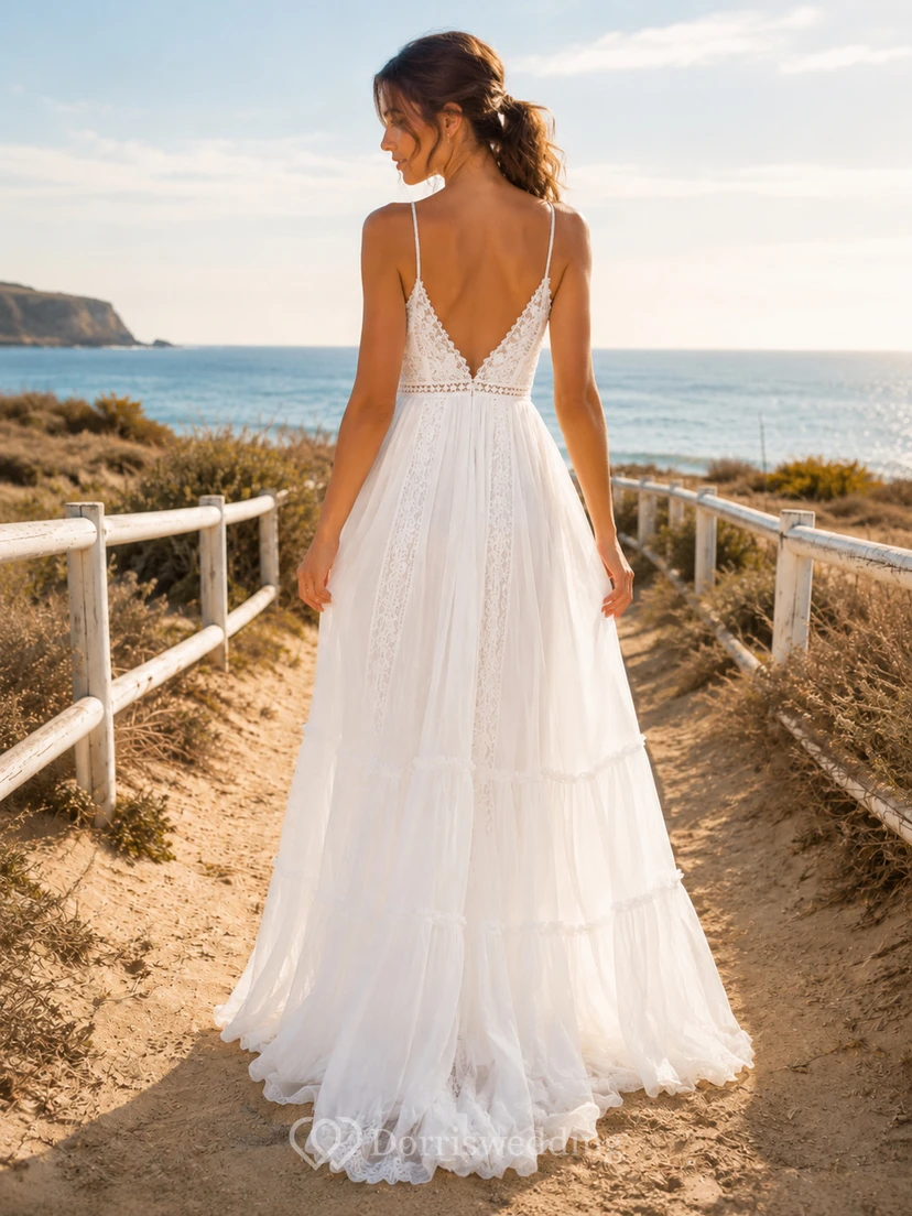 Boho Spaghetti Deep V Lace Tiered Chiffon A Line Sweep Beach Wedding Dress view 2