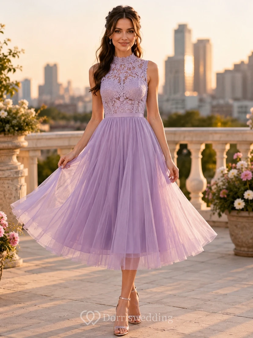 Lavender Tulle V-Neck Sleeveless A-Line Tea-Length Cocktail Dress