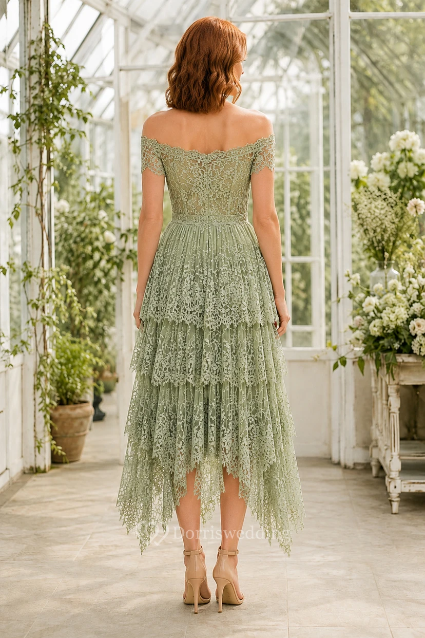 Wedding Guest Dress Sage Lace A-Line Off Shoulder Short Sleeve High Low view 2