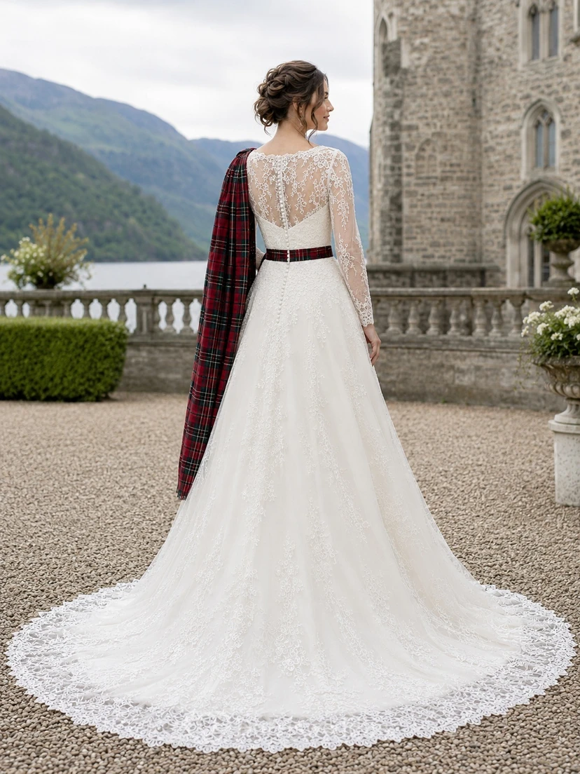 Traditionelles schottisches Highland-Tartan-Brautkleid mit langen Ärmeln, Rundhalsausschnitt, Spitze und A-Linien-Schnitt view 2