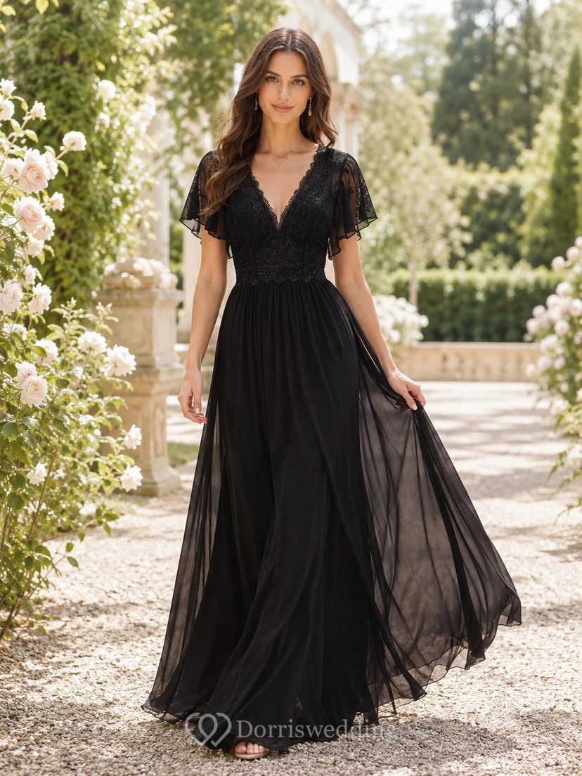 Black Boho V-Neck Flutter Sleeve Chiffon Garden Wedding Dress