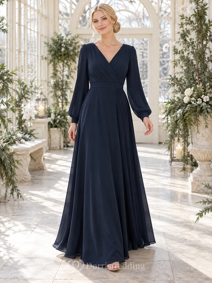 Vestido de dama de honor de gasa azul medianoche con escote en V y mangas abullonadas largas