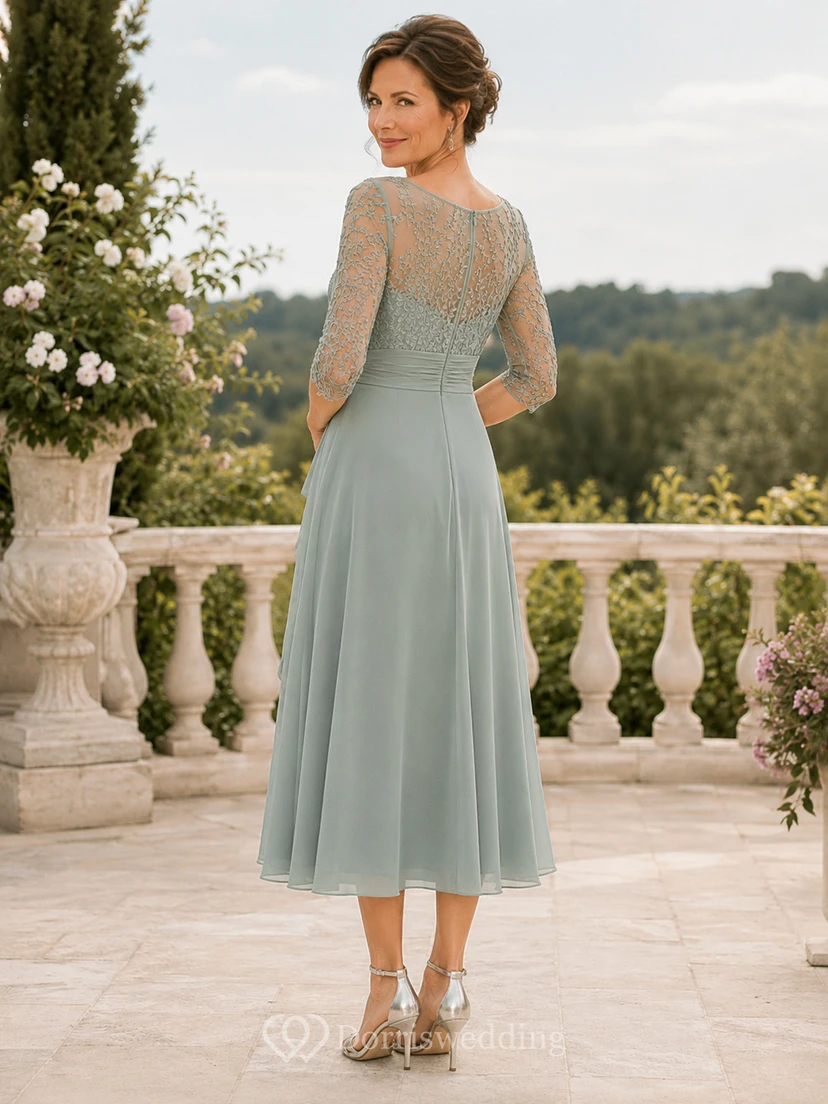 Salbeigrünes, schlichtes A-Linien-Kleid mit U-Boot-Ausschnitt, Illusion-Spitze, Dreiviertelärmeln und Teelänge – perfekt für die Mutter der Braut view 2