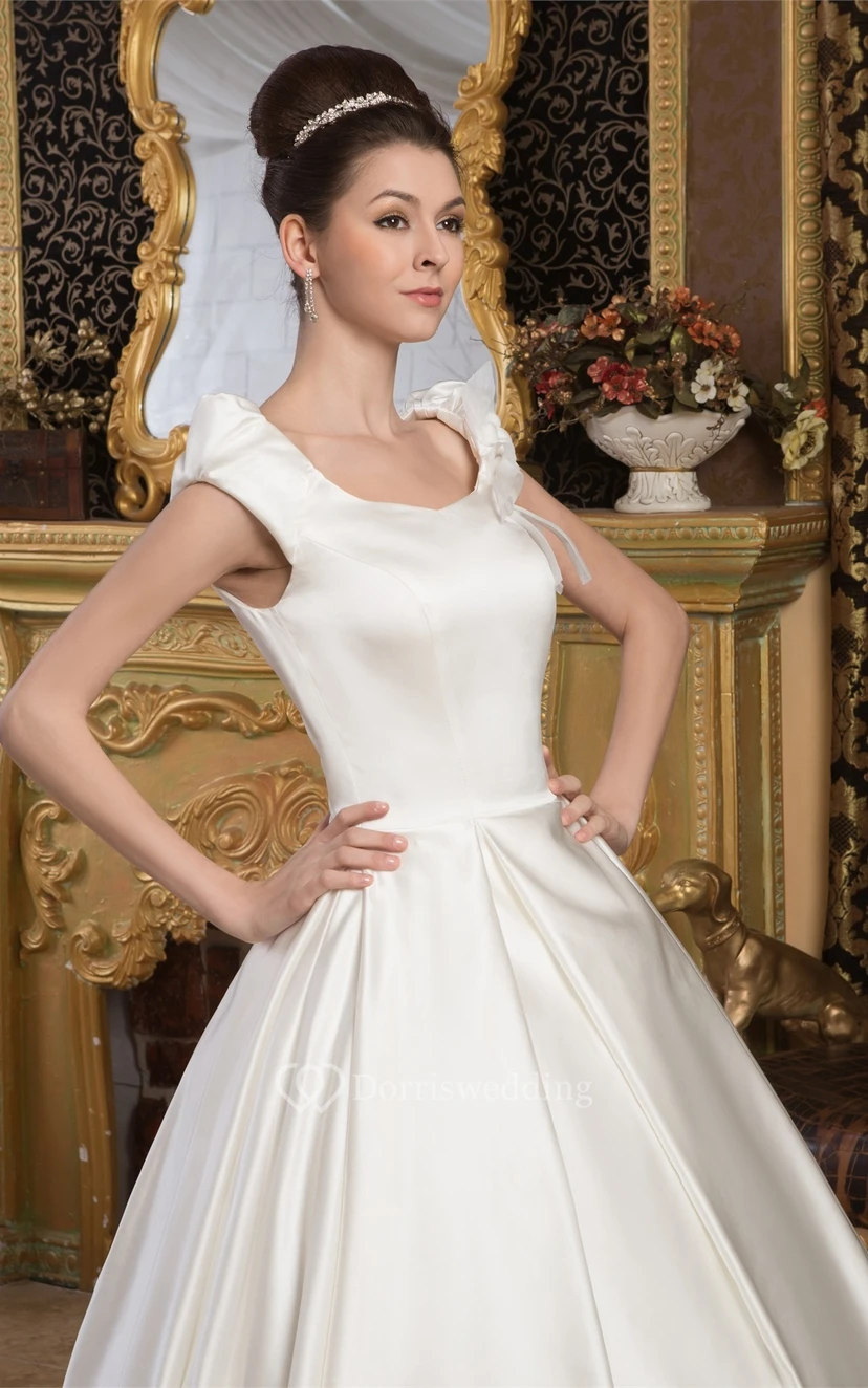 Caped-Sleeve A-Line Satin Ball-Gown With Epaulet view 3