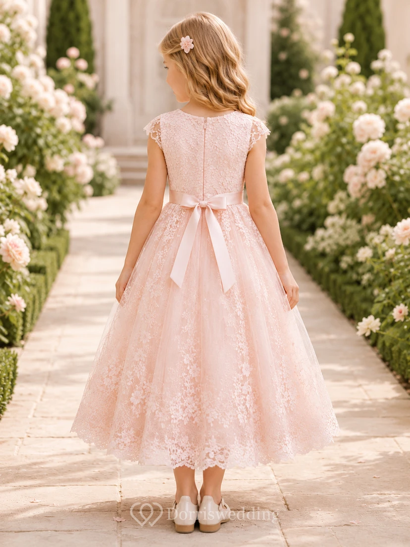 Flower Girl Dress Blush Lace Tulle A-Line Short Sleeve Scoop Neck Tea Length Bow Back view 2