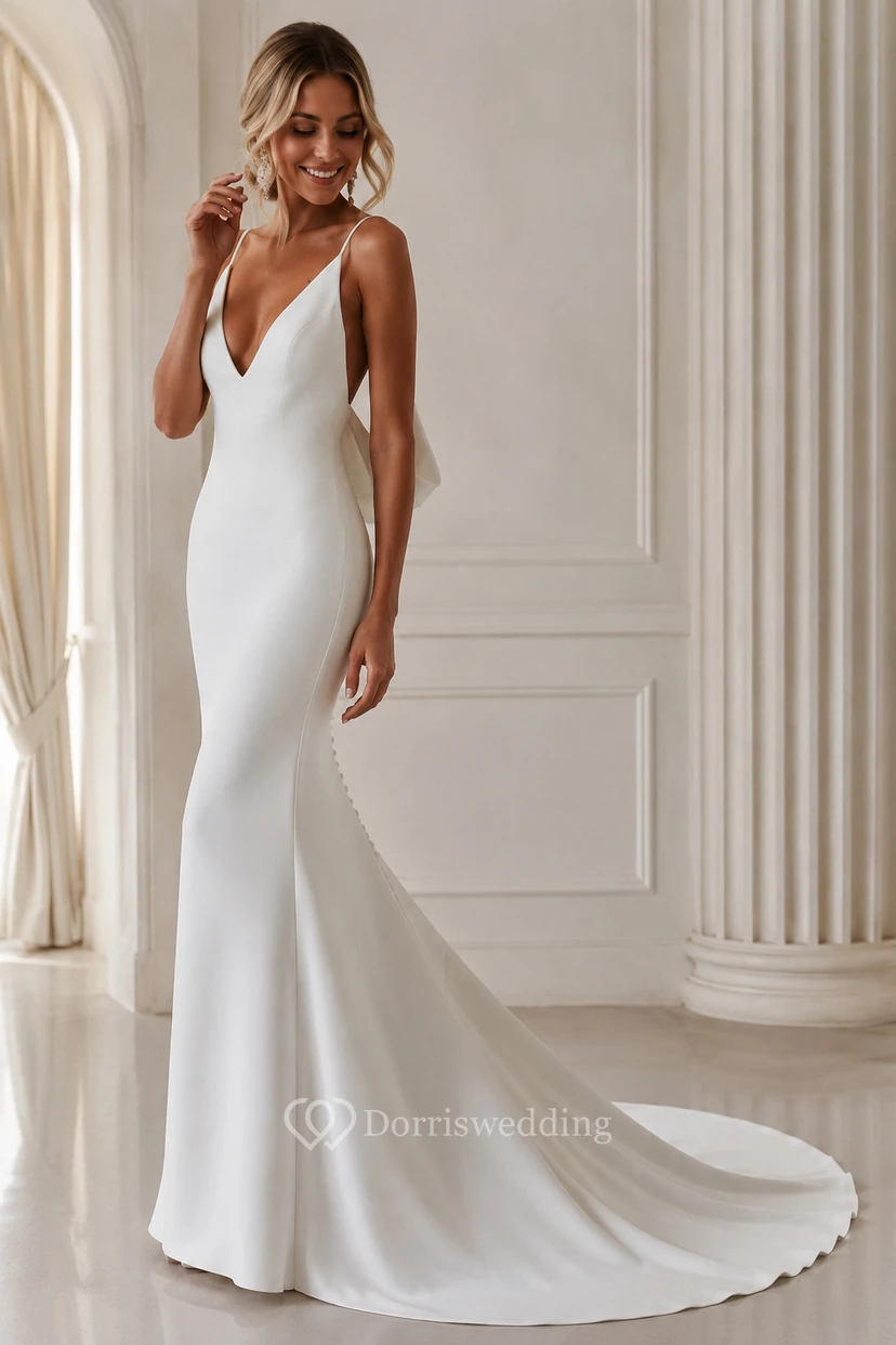 Robe de mariée fourreau blanche à décolleté en V profond view 2