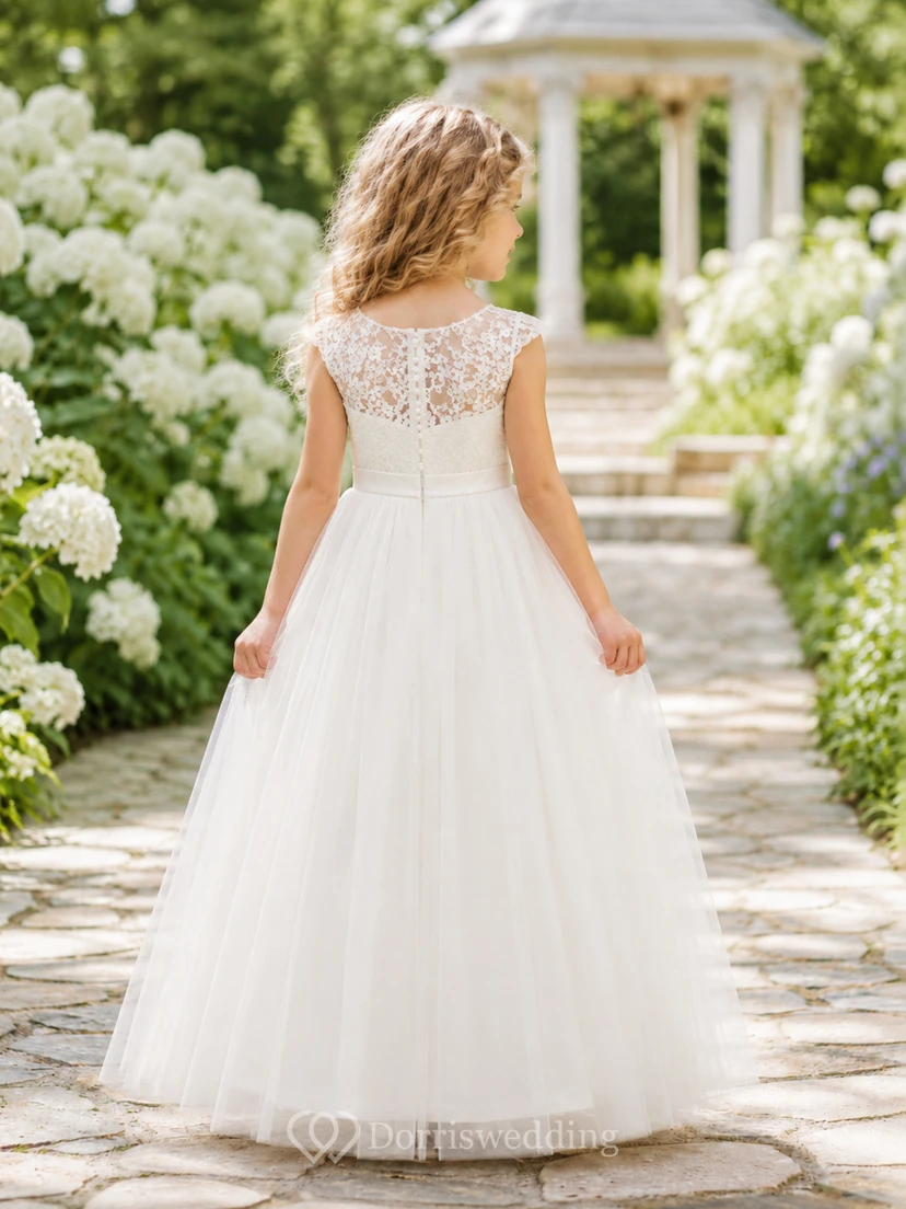 Spitzen-Cap-Ärmel-Tüll-A-Linien-Kleid für Blumenmädchen, knöchellang, Illusion-Effekt view 2
