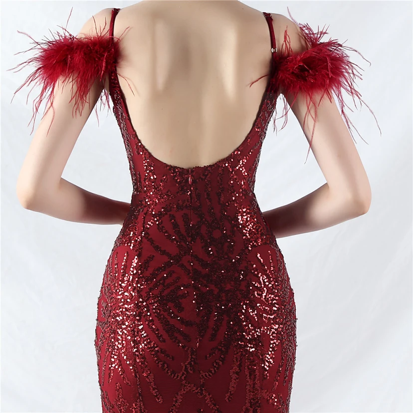 9-farbiges, handgefertigtes Abendkleid aus Kamelfedern, Netzstoff und Pailletten, sexy Trägern view 67
