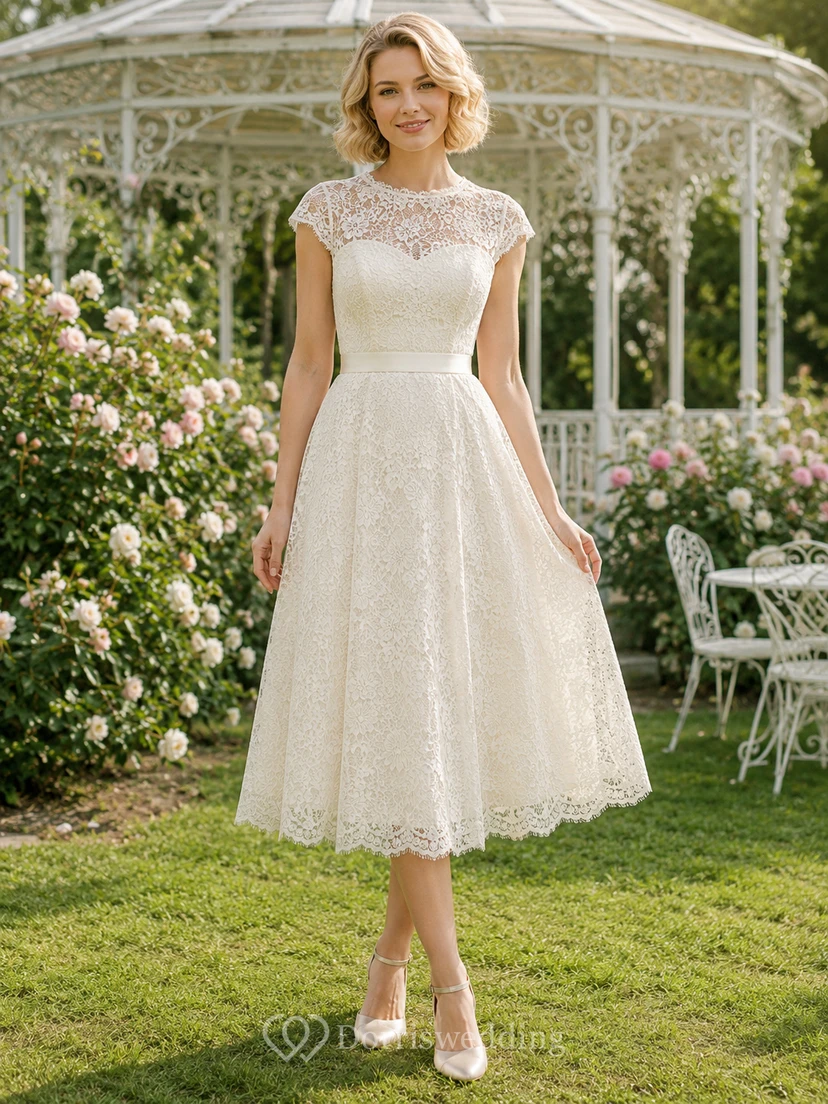 Vestido de novia de encaje vintage económico con mangas cortas y largo hasta la rodilla, estilo jardín.