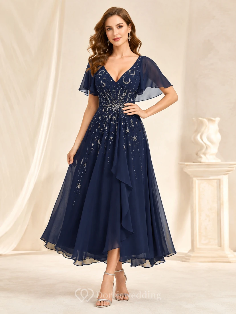Vestido de invitada azul marino oscuro con escote en V, de gasa con cuentas y corte asimétrico.