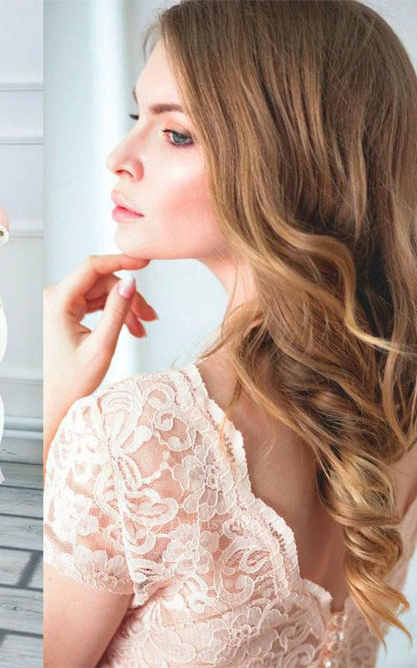 Bateau Cap Sleeve V Back A-line Tulle Short Dress With Lace Top view 2