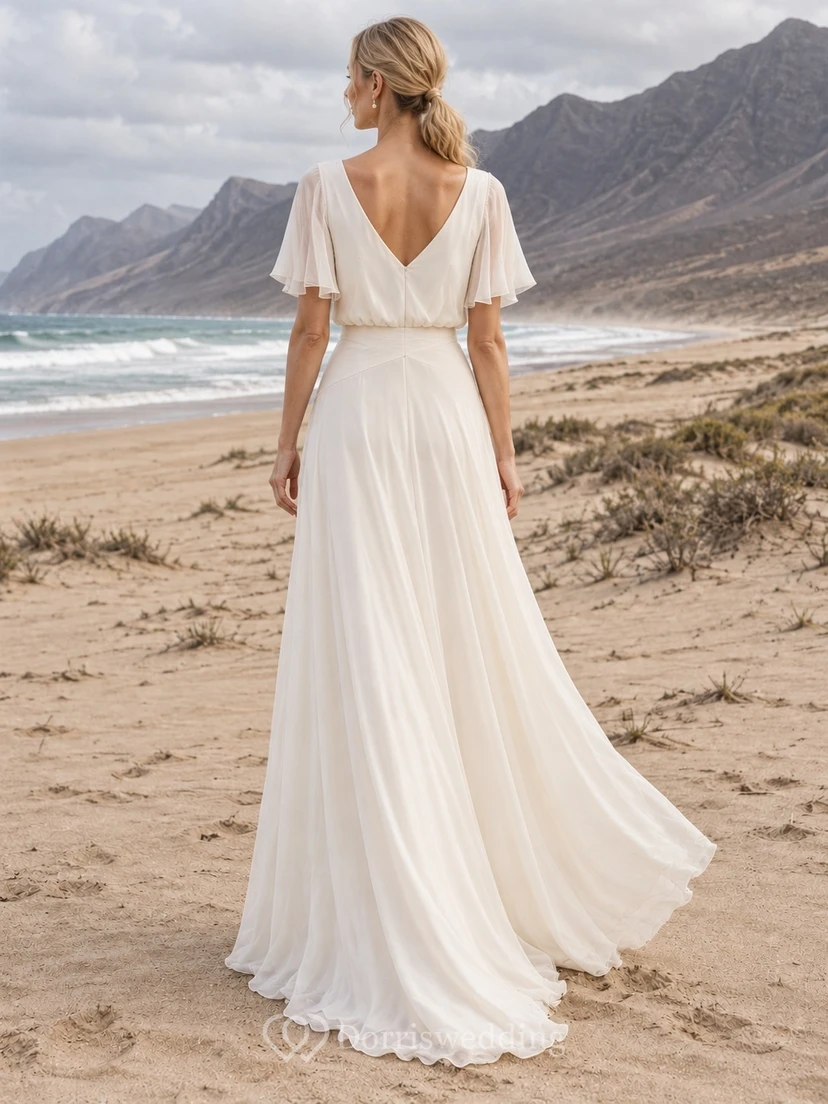 Vestido de novia sencillo de georgette con escote en V, corte en A, mangas cortas y cola. view 2
