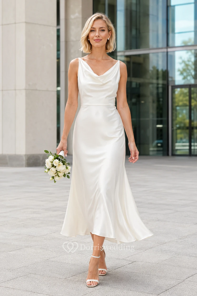 Elfenbeinfarbenes Cocktailkleid aus Satin mit Wasserfallausschnitt und Teelänge