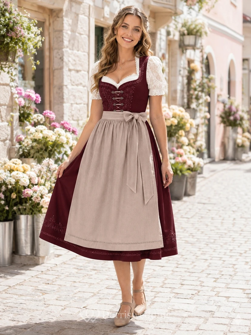 Vintage-Dirndlkleid aus Baumwolle, burgunderrot, cremefarben, mit eckigem Ausschnitt, kurzen Ärmeln und Teelänge, aus Baumwolle