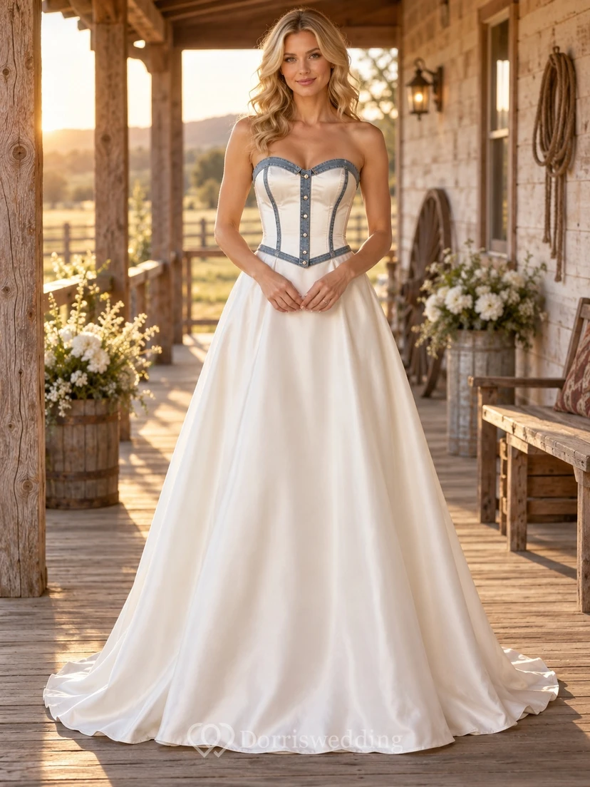 Simple Western Country Strapless A-Line Satin Wedding Dress with Sweetheart Bodice and Denim Trim