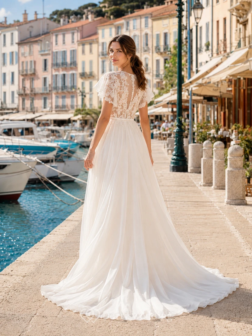 Romantic Deep V Petal Flutter Sleeve Chiffon A-Line Beach Destination Wedding Dress view 2