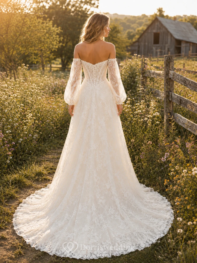 Vestido de novia de tul y encaje campestre, corte en A, hombros descubiertos, manga corta, cola de capilla, espalda baja en V. view 2