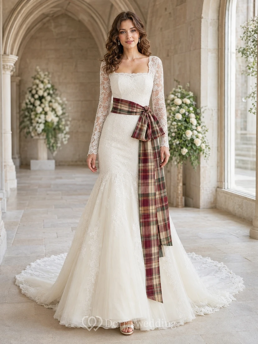 Schottisches Tartan-Schärpen-Langarm-Meerjungfrauen-Vintage-Hochzeitskleid mit eckigem Ausschnitt und Spitze