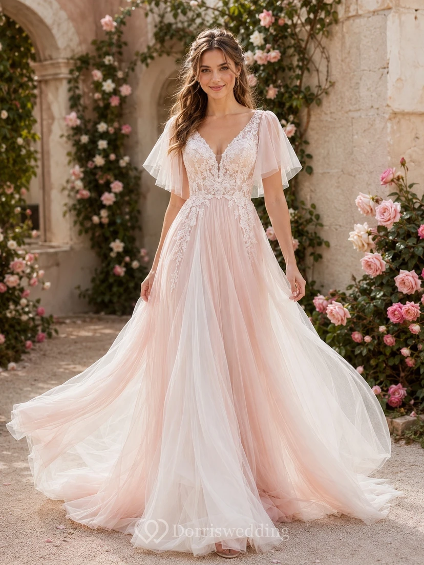 Robe de mariée romantique rose poudré en mousseline de soie, col en V, manches papillon, coupe trapèze, traîne, ornée de dentelle.