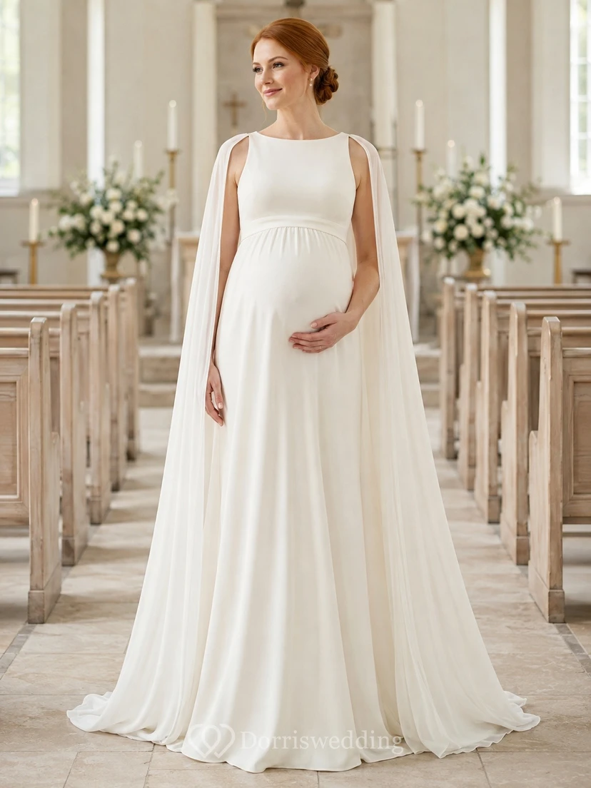 Vestido de novia de maternidad modesto con escote barco, mangas tipo capa y corte imperio hasta el suelo.