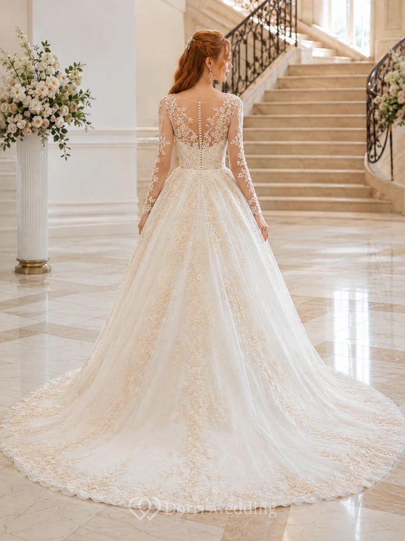 Champagne Floral Lace Ball Gown Bridal Dress V-neck Cap Sleeve Cathedral Train view 2
