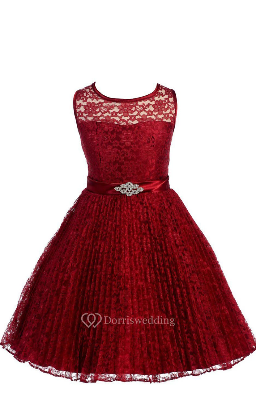 A-line Sleeveless Jewel Neck Lace Dress With Satin Belt view 3