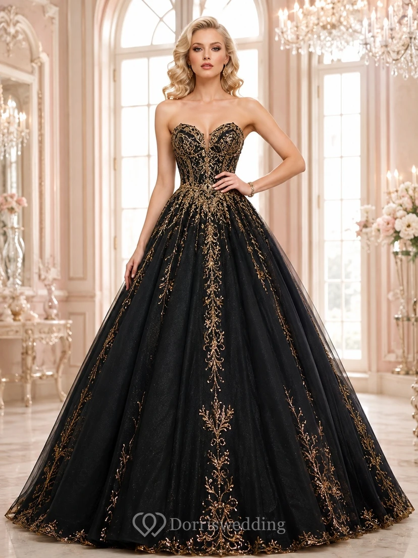 Black Strapless Ball Gown Tulle Embroidered Floor-length Masquerade Dress