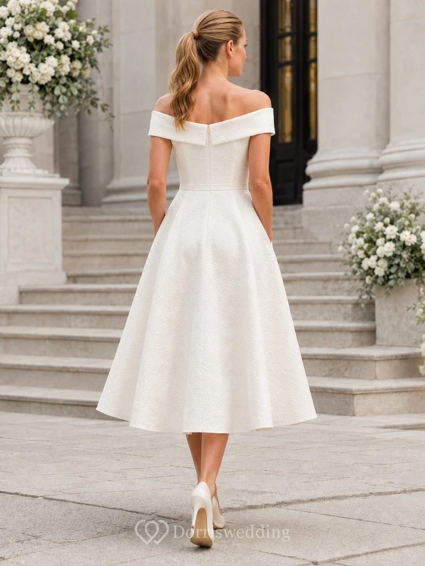 Simple Vintage Civil Tea-Length Satin A-Line Off-Shoulder Wedding Dress view 2