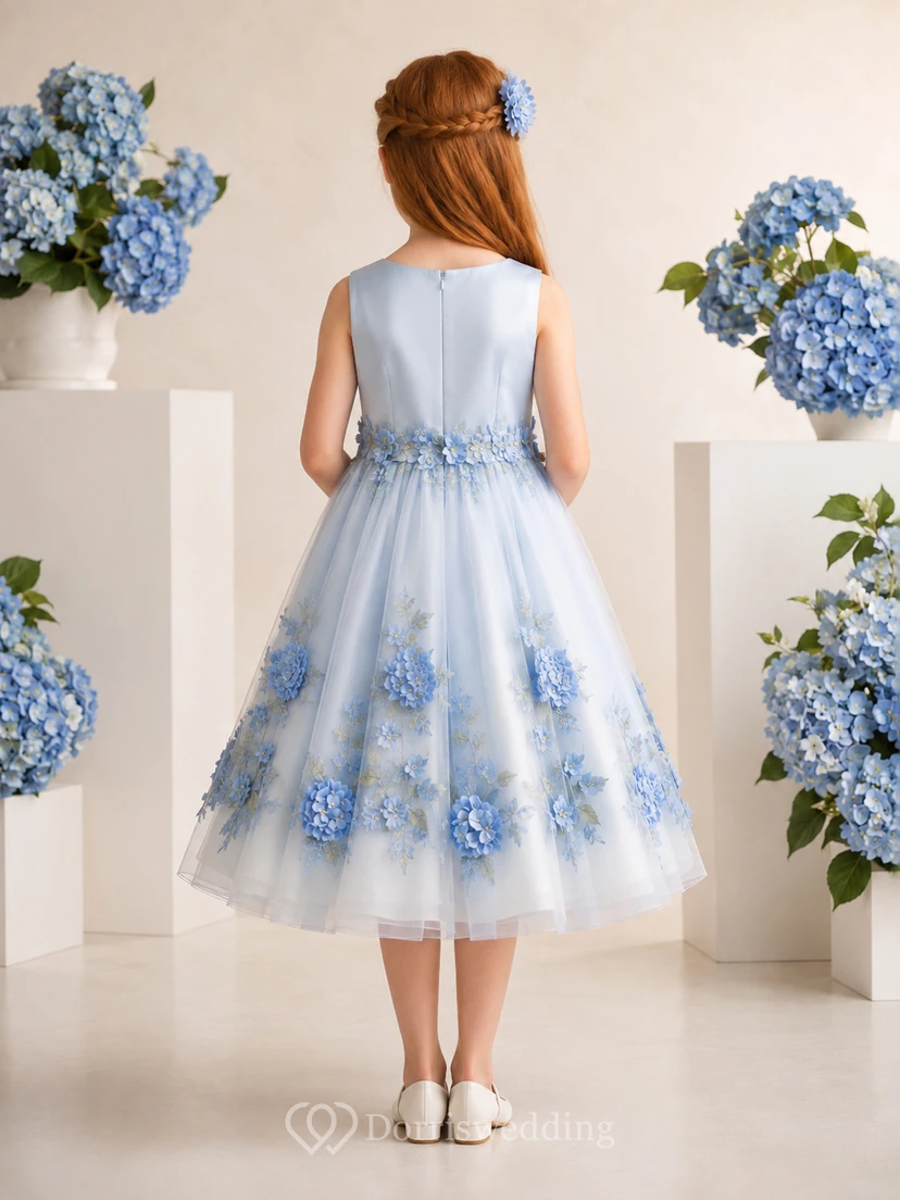 Sky Blue Hydrangea Flower Girl Dress with Sleeveless A-Line Tulle, Applique Blossom Clusters, Natural Waist, and Tea-Length Hem view 2