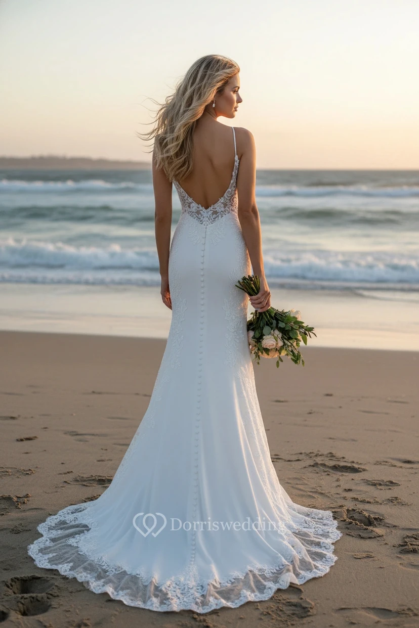 Spaghetti Lace Slim Fit Beach Wedding Dress view 2