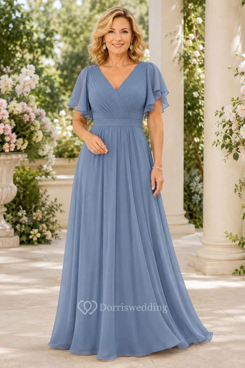MOB-Kleid, stahlblau, Chiffon, A-Linie, kurze Ärmel, V-Ausschnitt, bodenlang, plissiert