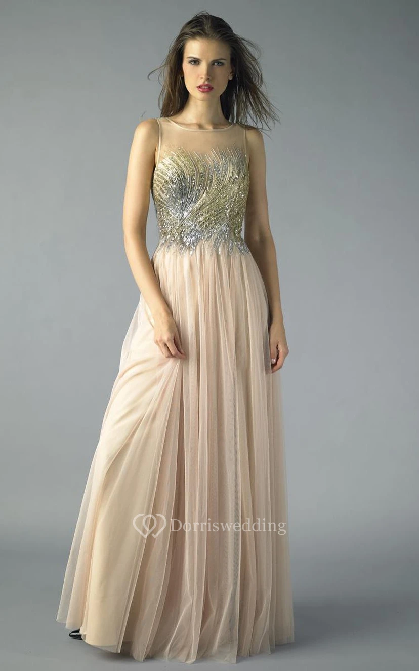 A-line Floor-length High Neck Sleeveless Tulle Low-V Back Dress view 3