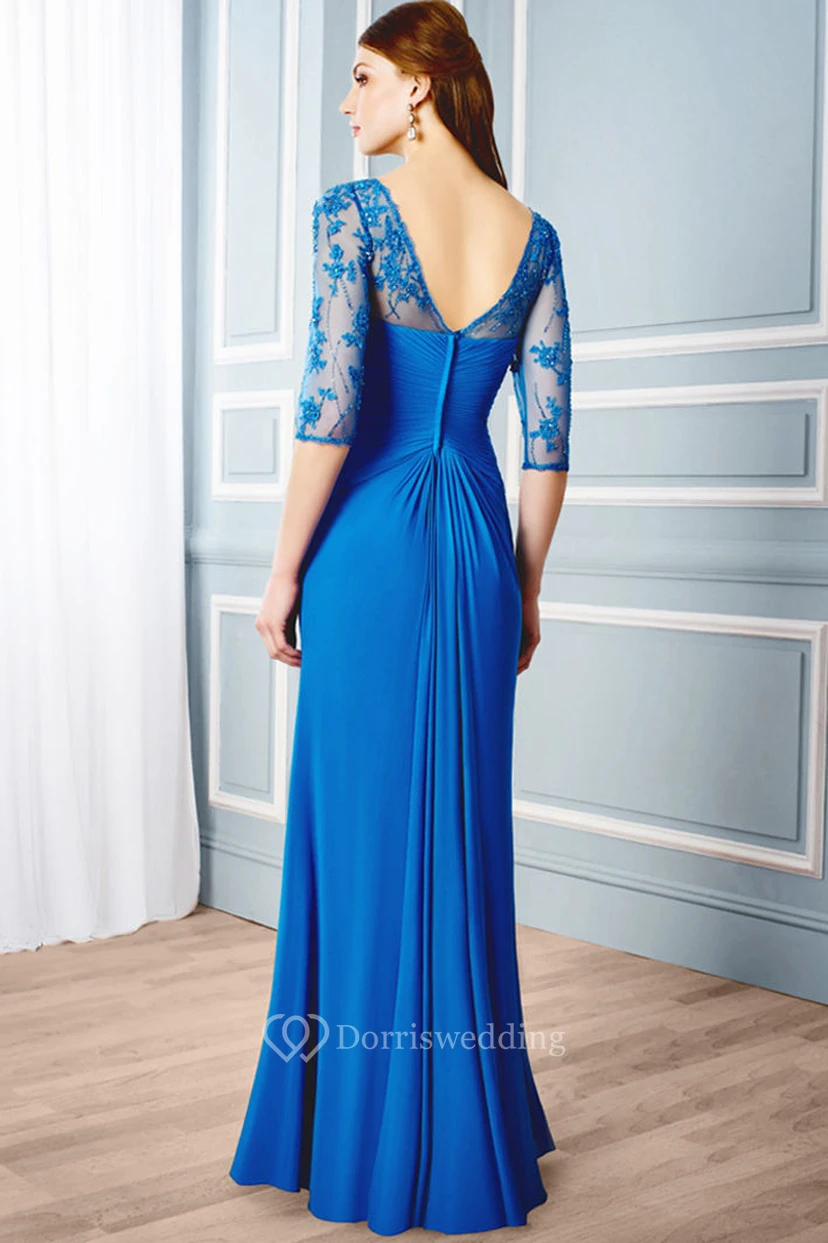 Scoop-Neck Floor-Length Criss-Cross Half-Sleeve Jersey Formal Dress With Draping And Appliques view 2